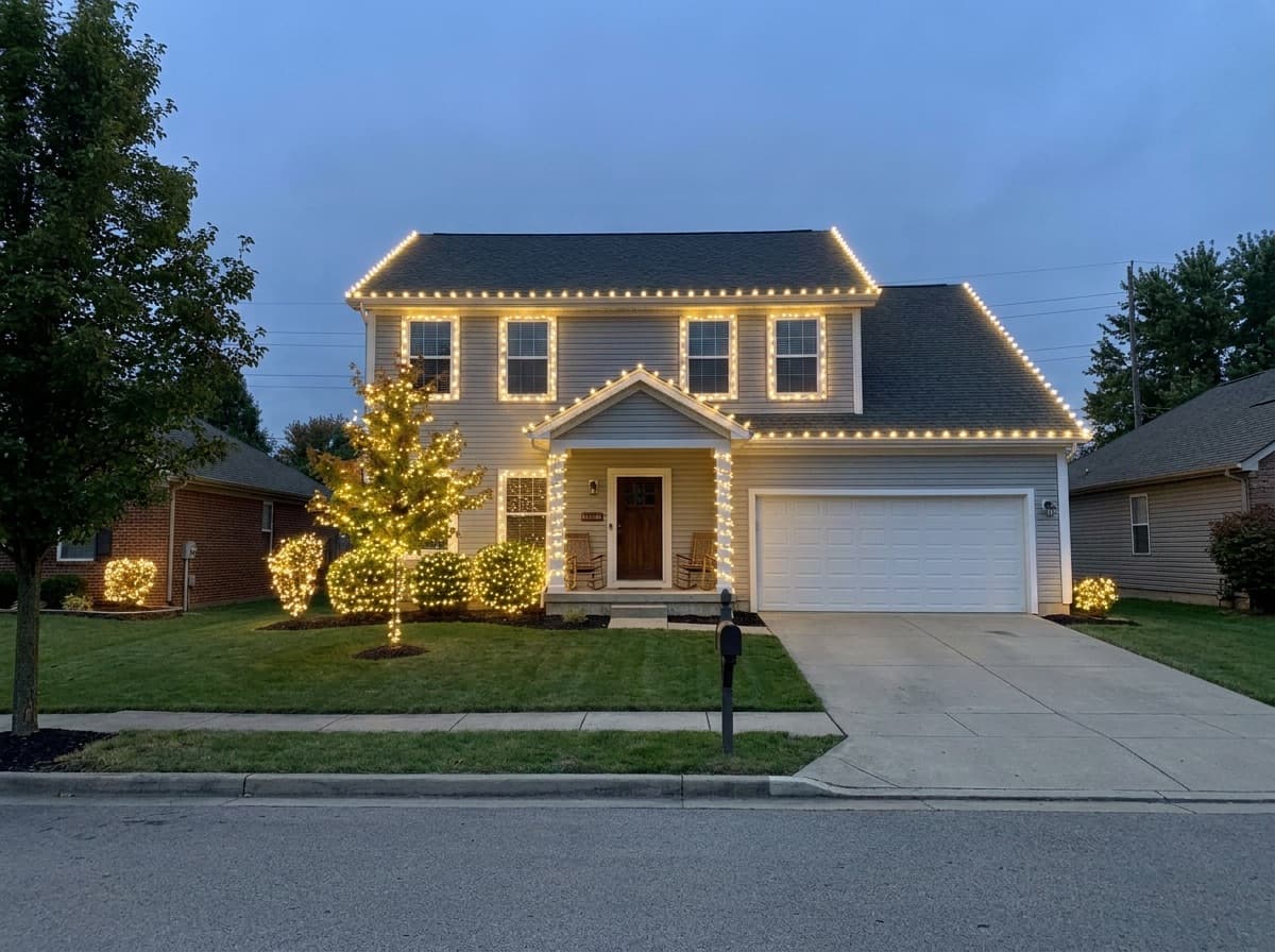 A two-story house at dusk with warm white lights along the roofline, the windows and the trees