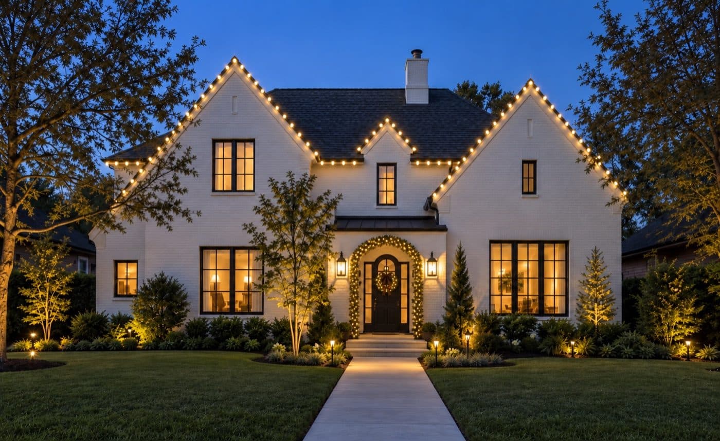 A sample home at night with warm white lights