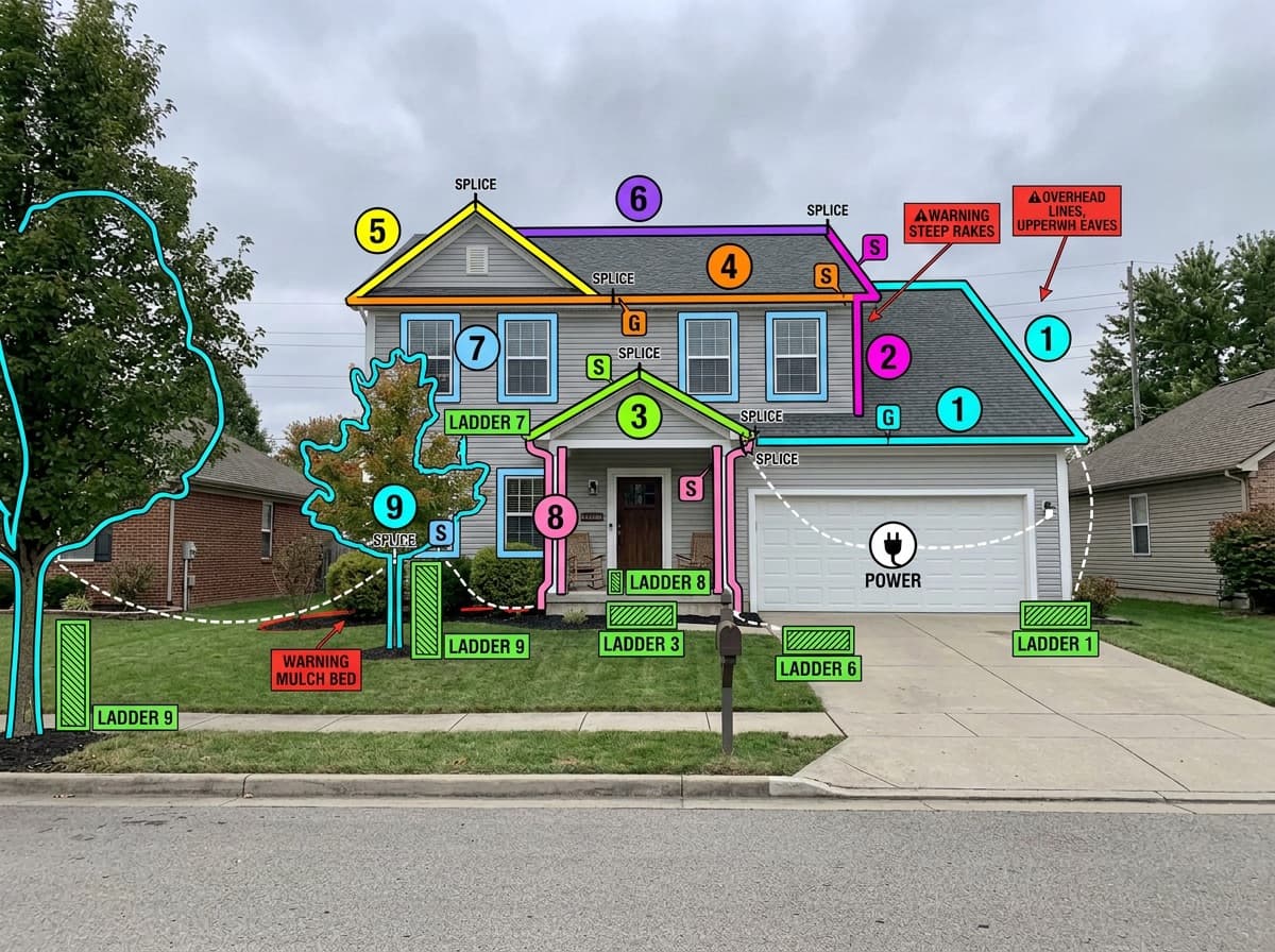 An install plan drawn on the house photo: numbered runs, ladder zones and the power source